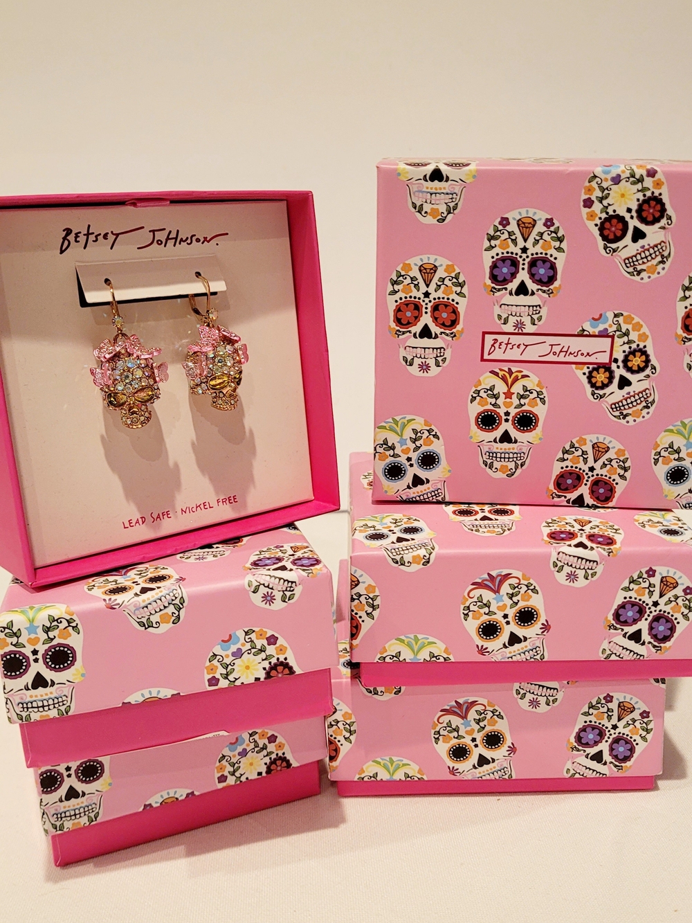 Betsey Johnson Gold & Pink Crystal Skull Flower Drop Earrings - Picture 3 of 3